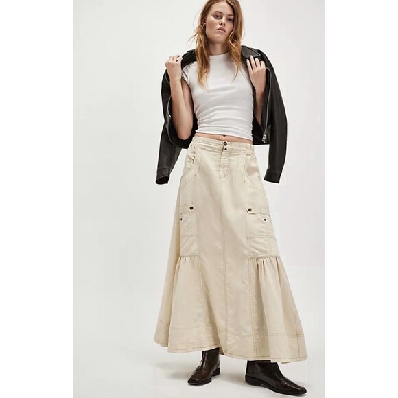 Free People Maxi Skirt Beige Rough Riding Preppy Retro Boho Vacay Small New